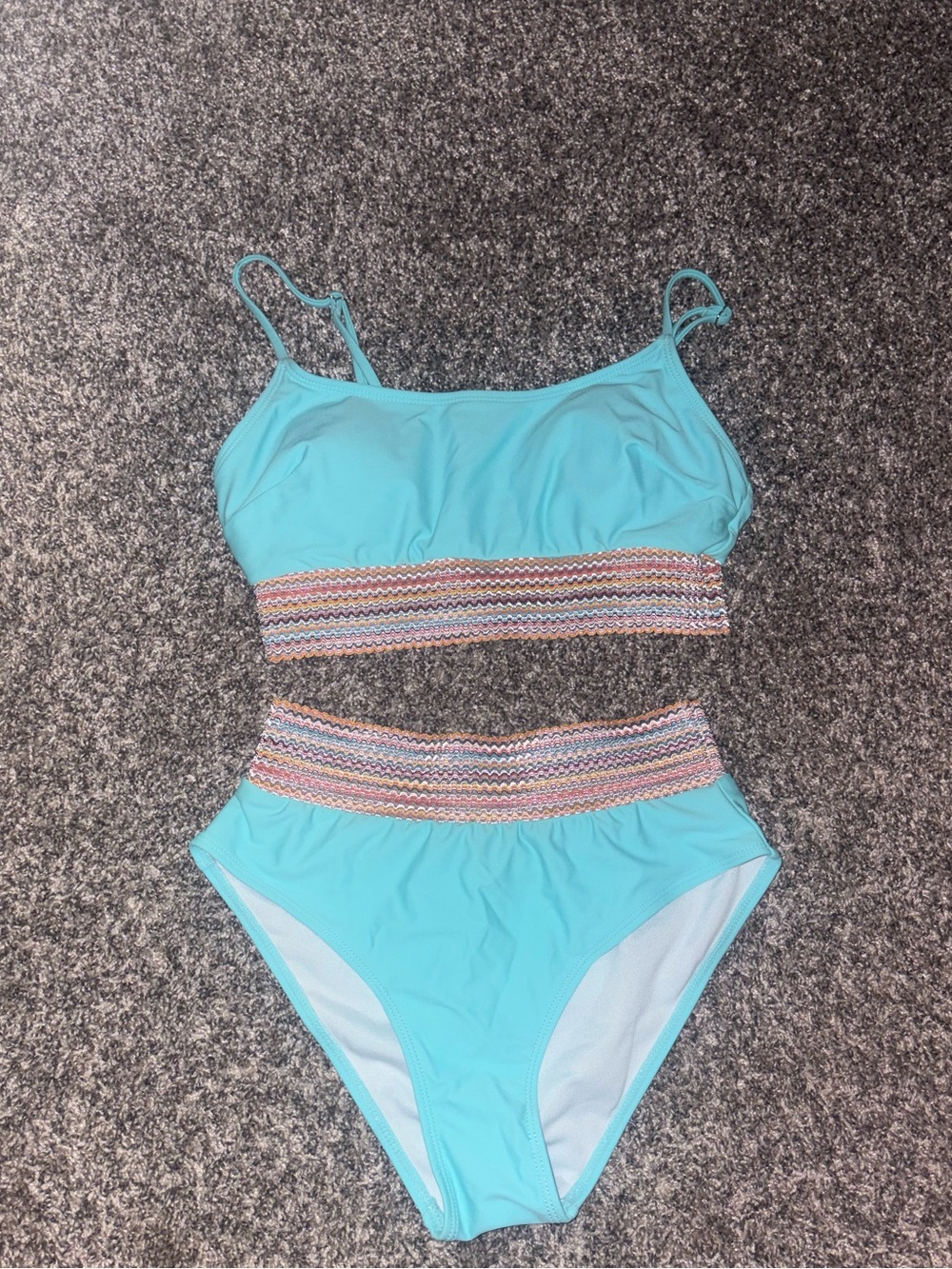 Womens Aqua Blue Two-Piece Swim Set with Multicolor Smocked Band